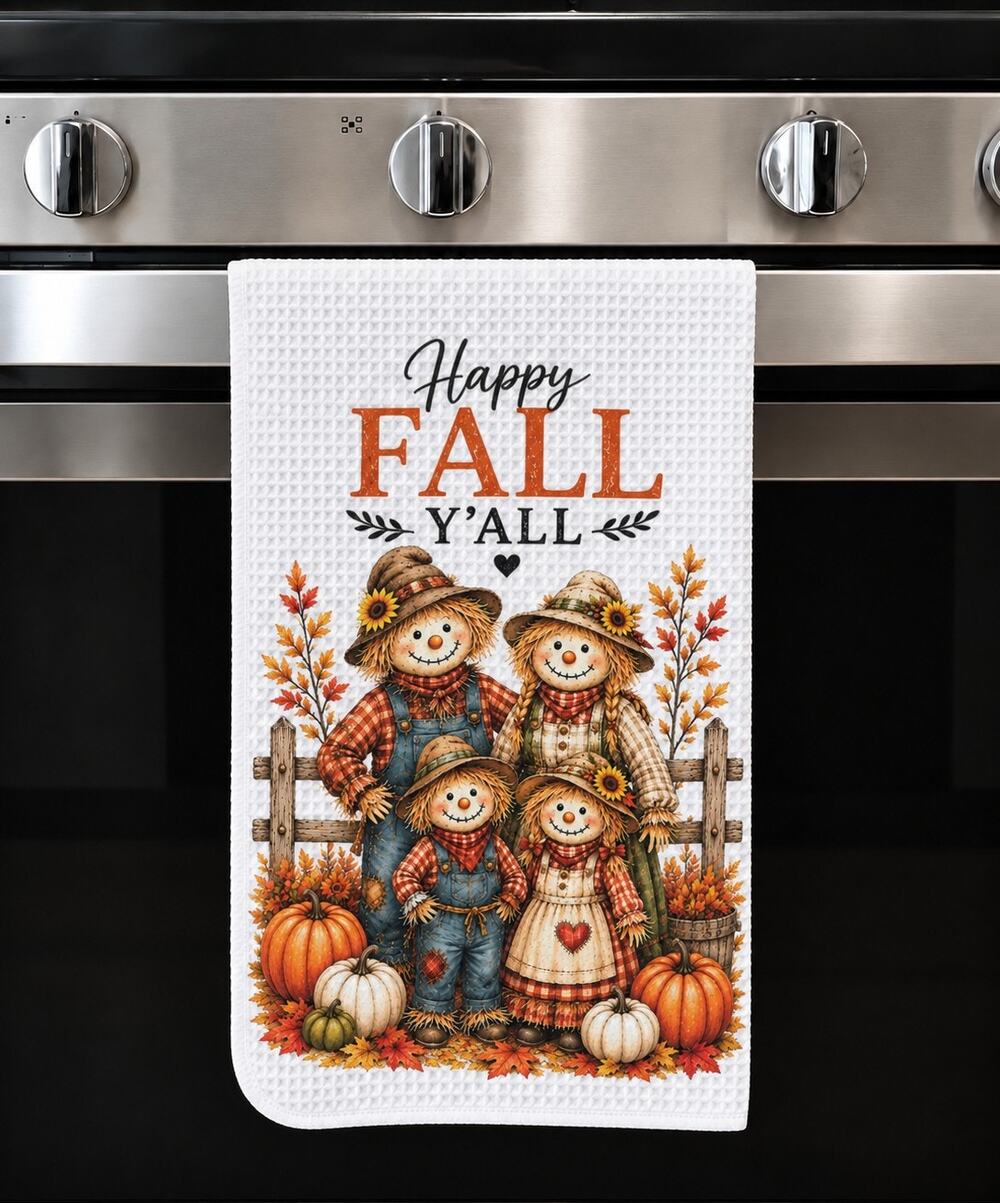 Happy Fall Y'all Scarecrow Family Kitchen Towel Farmhouse Autumn Decor